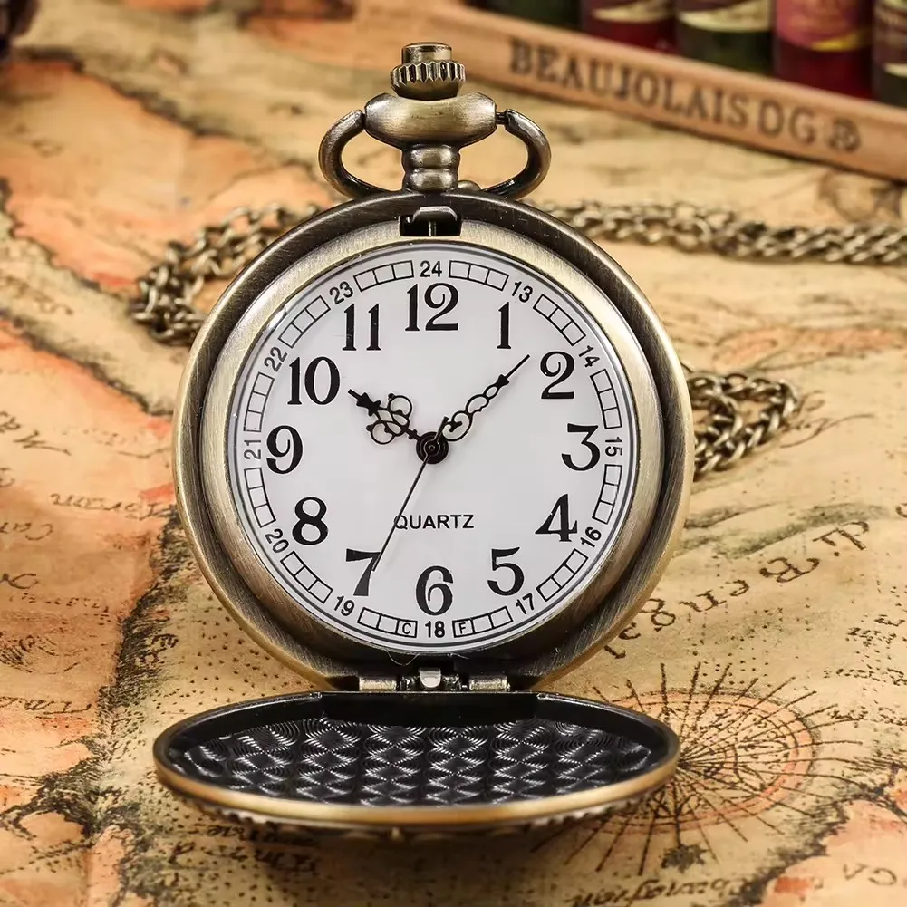 꽃이 새겨진 레트로 목걸이 펜던트, 청동 풀 헌터 스팀펑크 빈티지 포켓 쿼츠 시계, 체인 포함