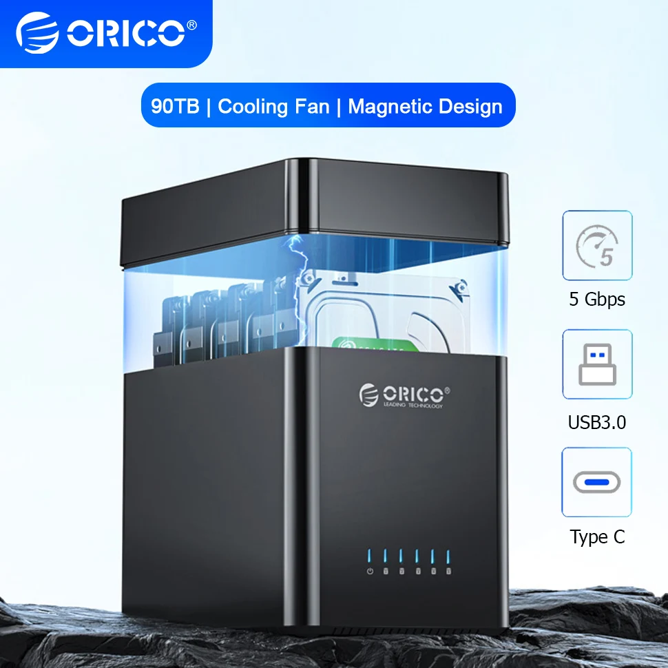 ORICO 5 Bay 3.5 "SATA القرص الصلب الضميمة محطة إرساء الأقراص الصلبة USB 3.0 نوع C الخارجية HD حالة 90 تيرابايت توسيع التخزين 12 فولت/6.5A
