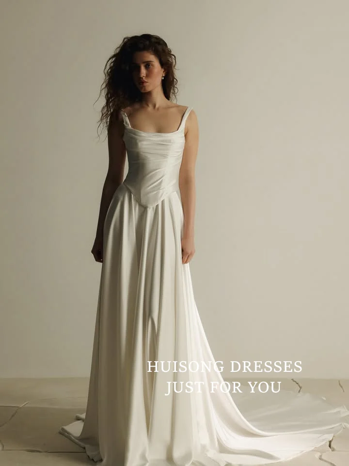 

HUISONG Customized Simple Satin Wedding Dresses Spaghetti Straps Sleeveless A-Line Beach Bridal Gown vestidos de novia