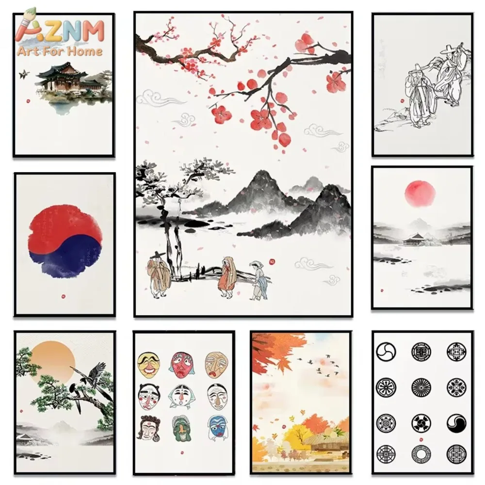 

1pc Korean Ink Lotus Sunset Mountain Seoul Minimal Landscape Poster and Print Canvas Printing Wall Art Picture for Living Room