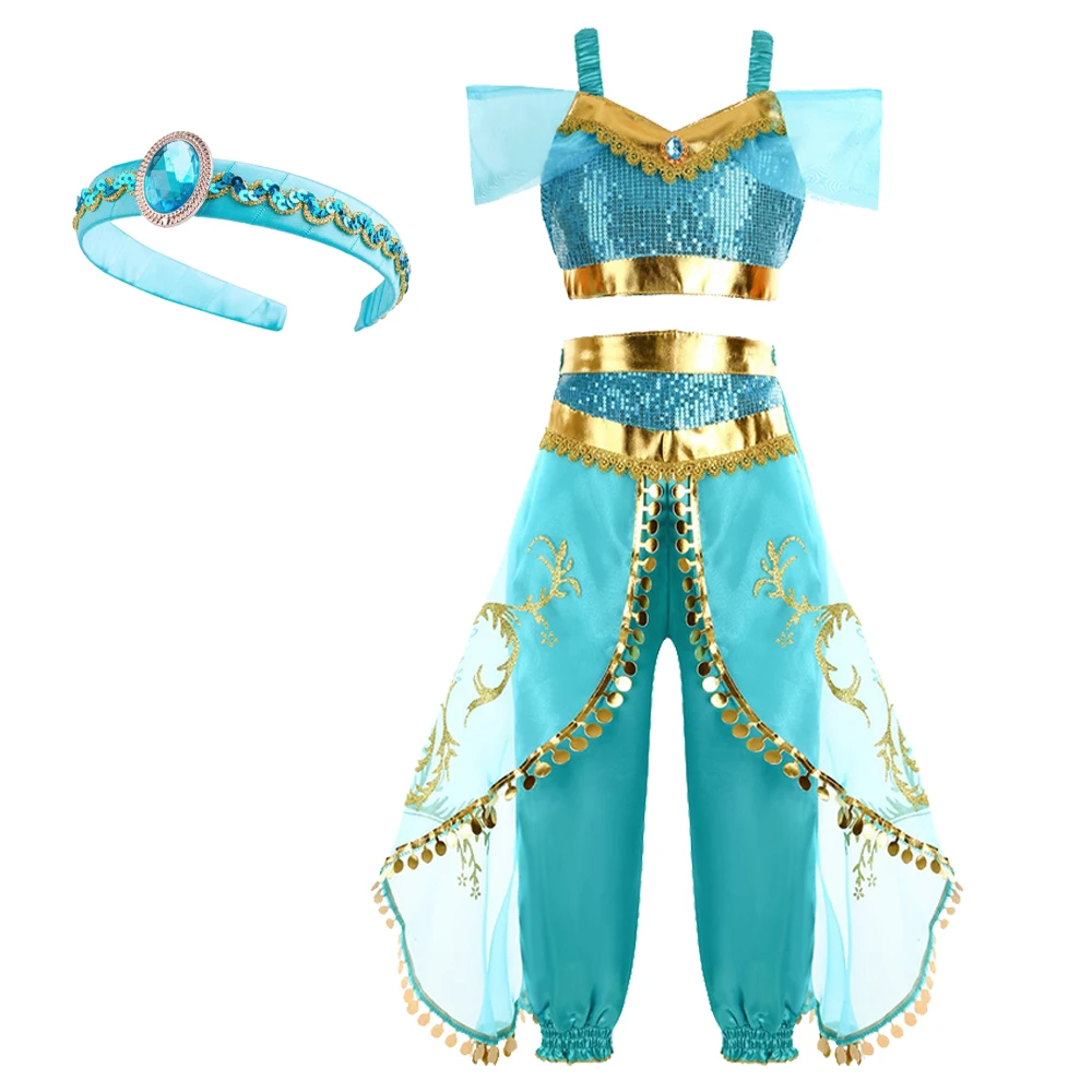 Blaues Arabisches Prinzessinnen-Kostümset mit Halskette, Ohrringen und Kopfschmuck für Halloween, Weihnachten, Karneval, Party, als Kostüm oder Geschenk – Detail 10