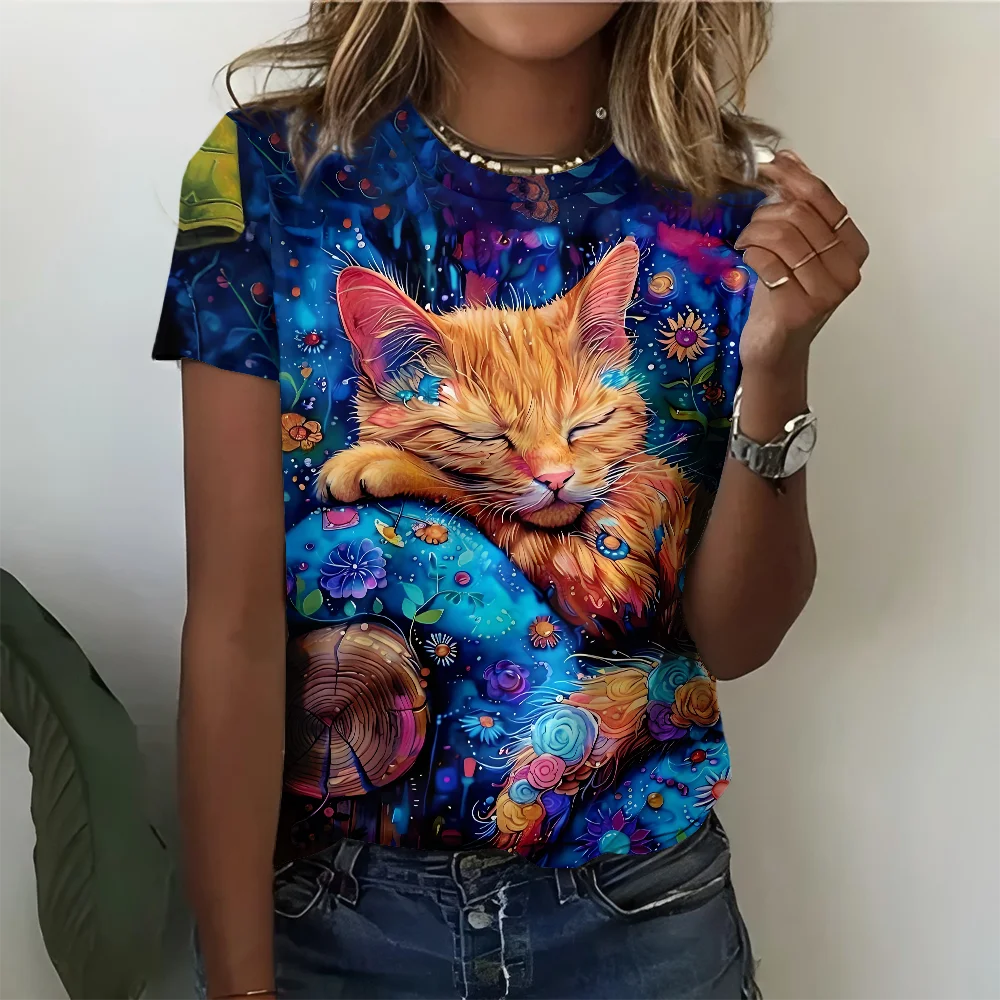 

Ленивая игривая и мечтательная женская футболка с рисунком кота, повседневная модная и удобная синяя с коротким рукавом
