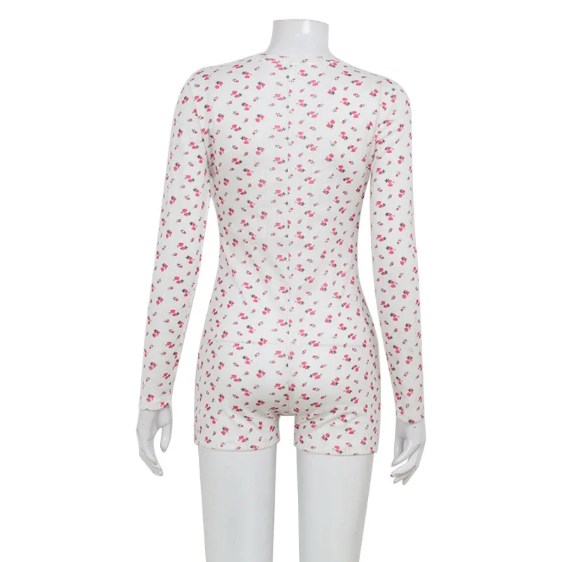 Casual Women Playsuits O-Neck Regular Long Sleeves Print Single Breasted Skinny Homewear Floral Sweet Femlae Rompers