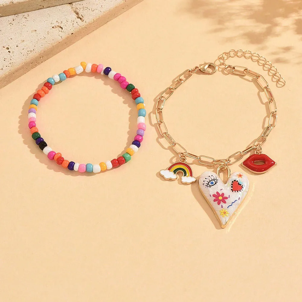 2pcs/sets Fashion Bracelets For Women New Colorful Rice Bead Bracelet With Painted Heart Chain Jewelry Valentine's Gift B075