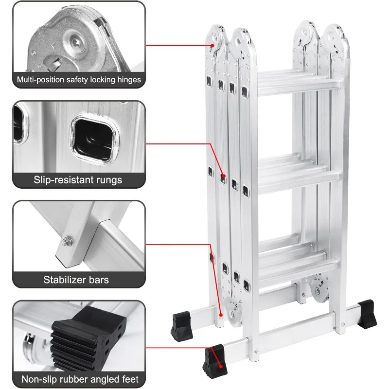 Escalera plegable 7 en 1 con extensión de aluminio multiusos de 330 lb y 12,5 pies, escalera de andamio ligera y plegable