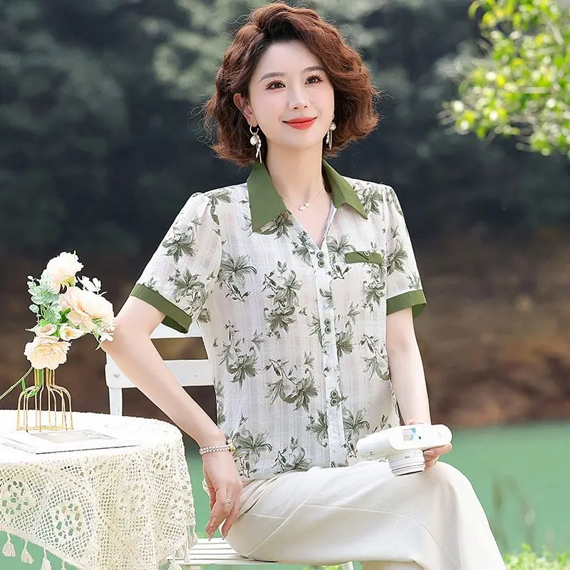 Women's New Splicing Socket Lapel Button Printing Stylish Loose Versatile Casual Short-sleeved Blouses Shirts