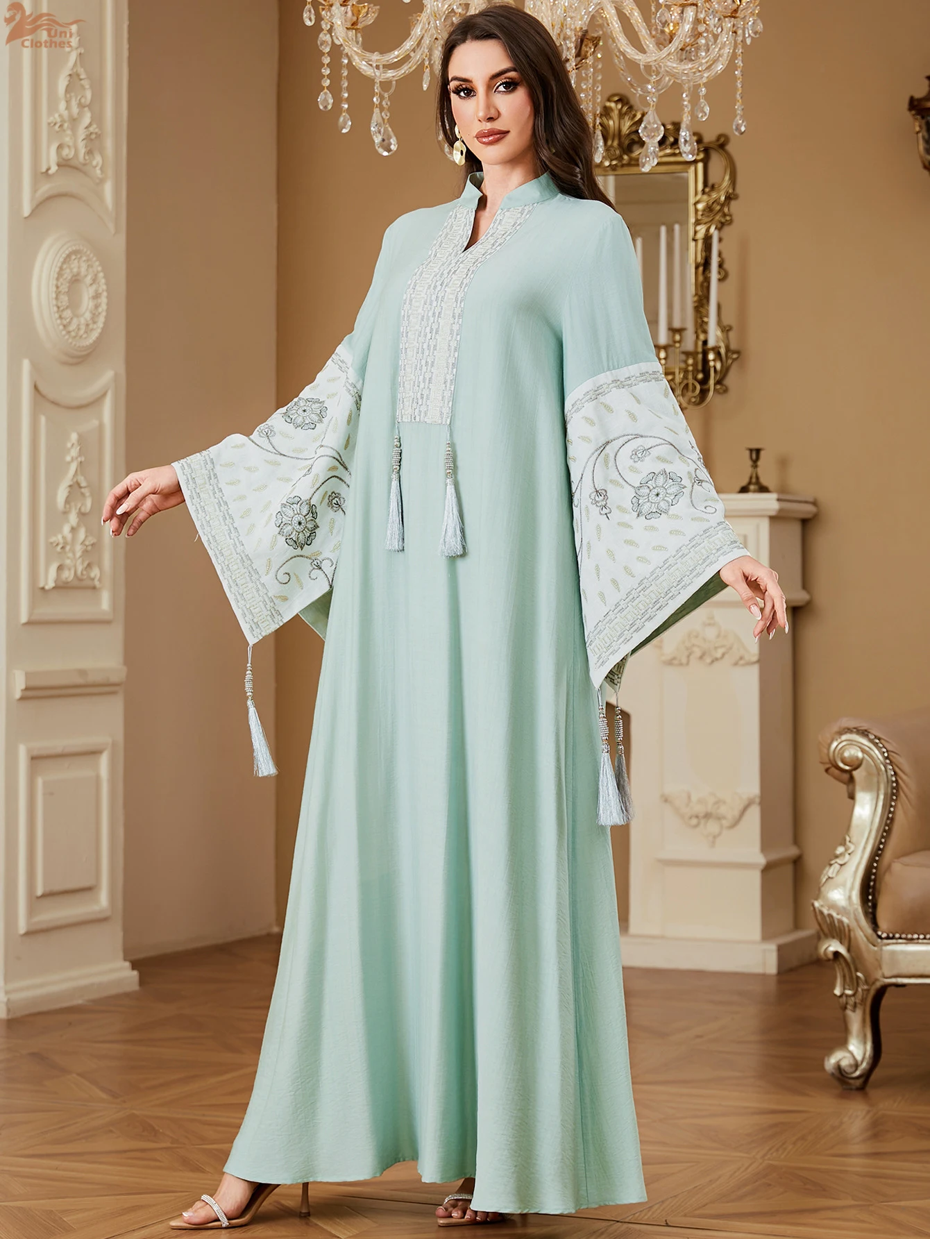 Uni luxo retalhos mulher vestido de noite dubai manga dividida abaya borla embelezado caftan marocain femme