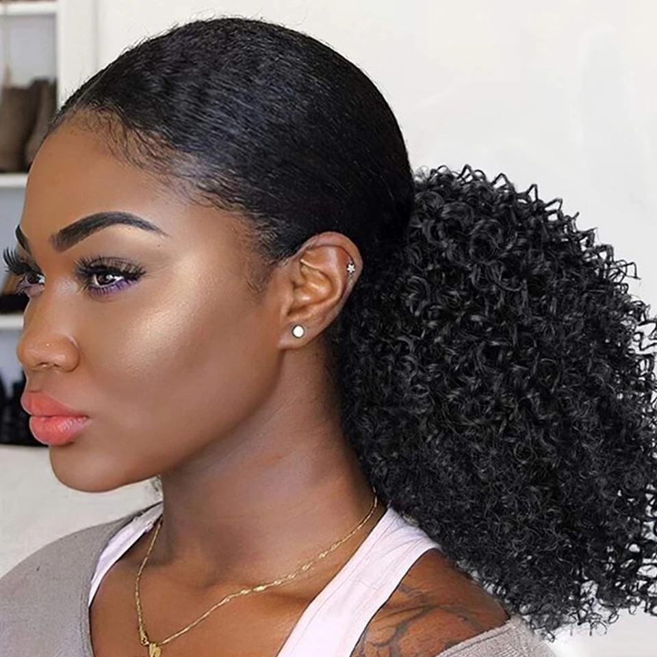 

Afro Curly Drawstring Ponytail Human Hair Natural Ponytail Extension 18A Brazilian Virgin Human Hair Ponytail Natural Black #1B