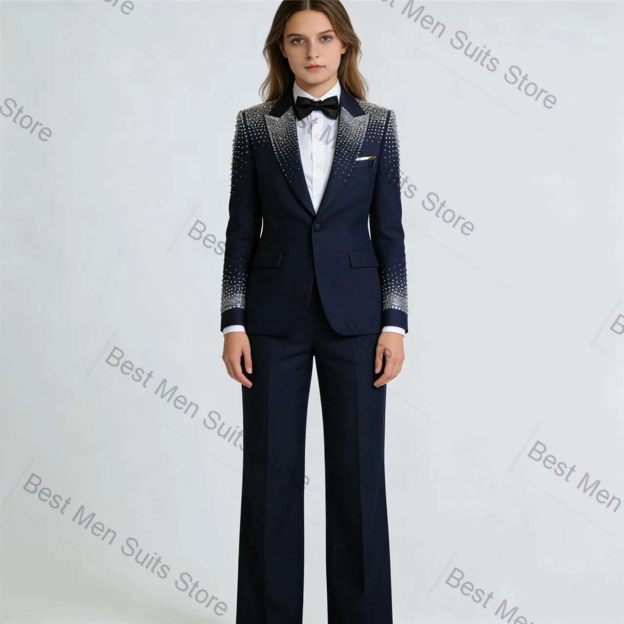 

Navy Blue Women Suit Set 2 Pcs Blazer Pants Trousers Crystals Cotton Formal Office Jacket Customized Wedding Tuxedo Guest Coat