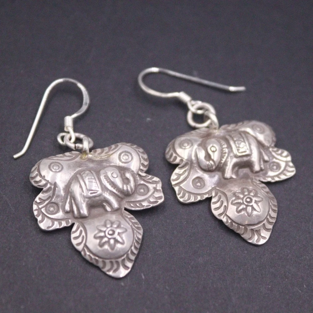 

Real Solid 925 Sterling Silver Dangle Women Lucky Carved Elephant Flower Leaf Earrings