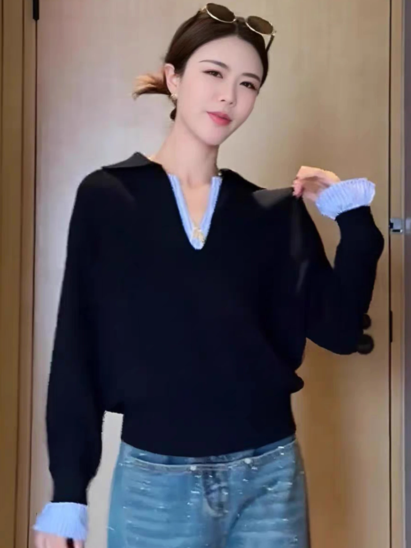 

Loose Long Sve Knit Top Color Blo Faionable Autumn New Sle Poet Sle Korean Version Straight Cut Silk Blend