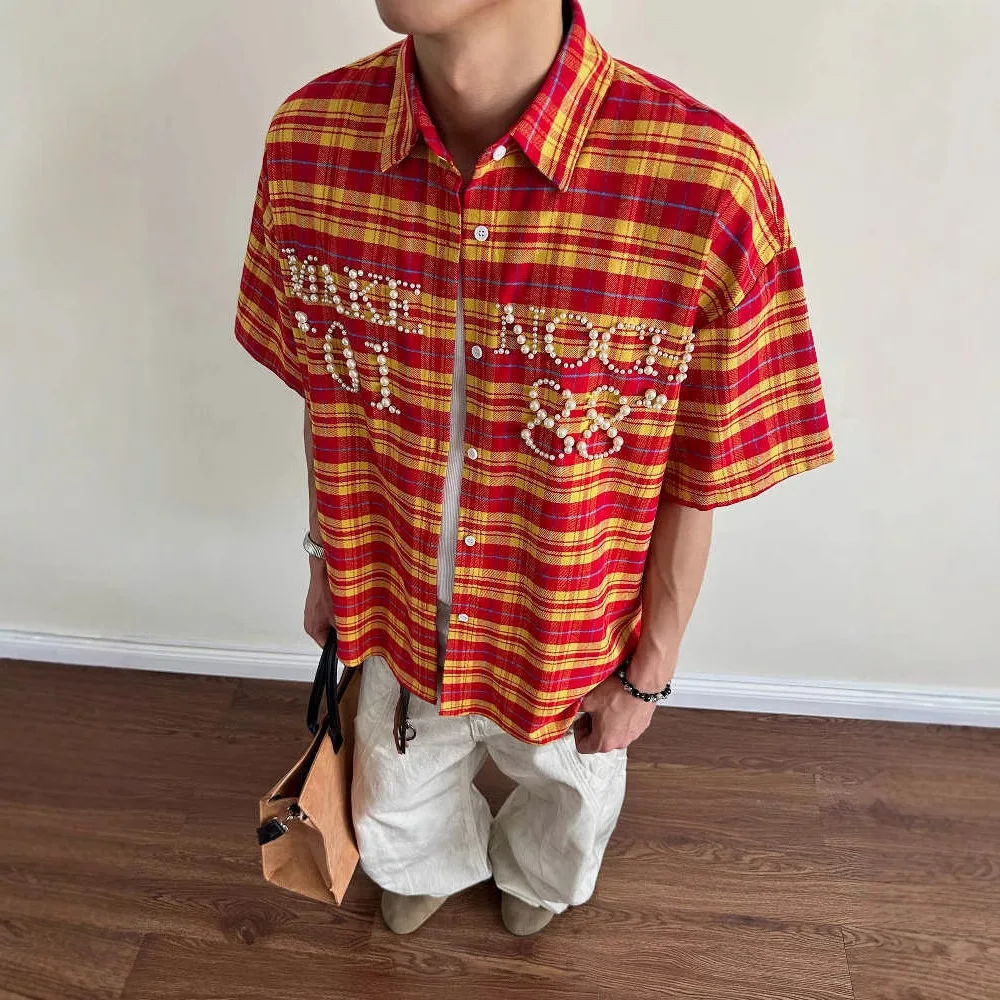 

American Retro Studded Plaid Shirt Mens High Street Versatile Short Sleeved Loose Top Summer Fashion Streetwear Couple's Shirt