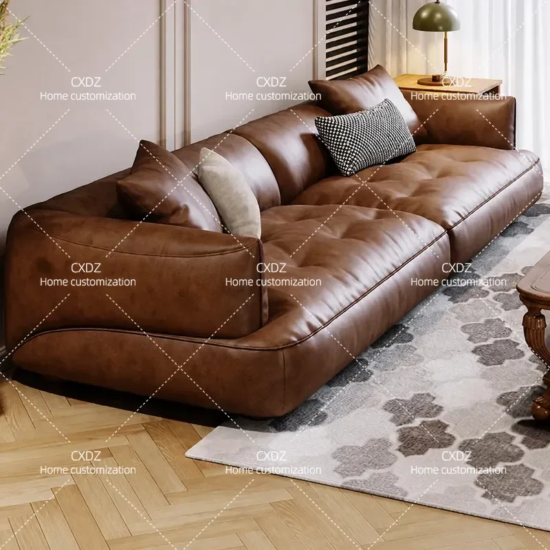 Medieval first-layer cowhide sofa retro large sitting deep straight row four-person small apartment living room oil wax