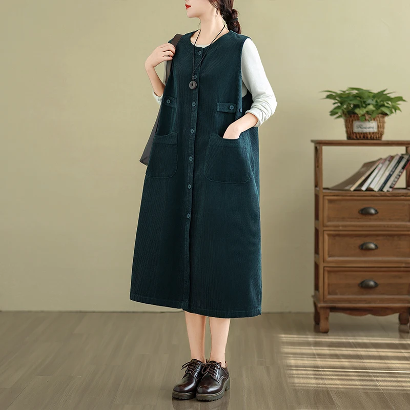 Retro  Color Corduroy Sleeveless Dress Women's Autumn Winter New Style Mid-Length Open Cardigan Vest Skirt