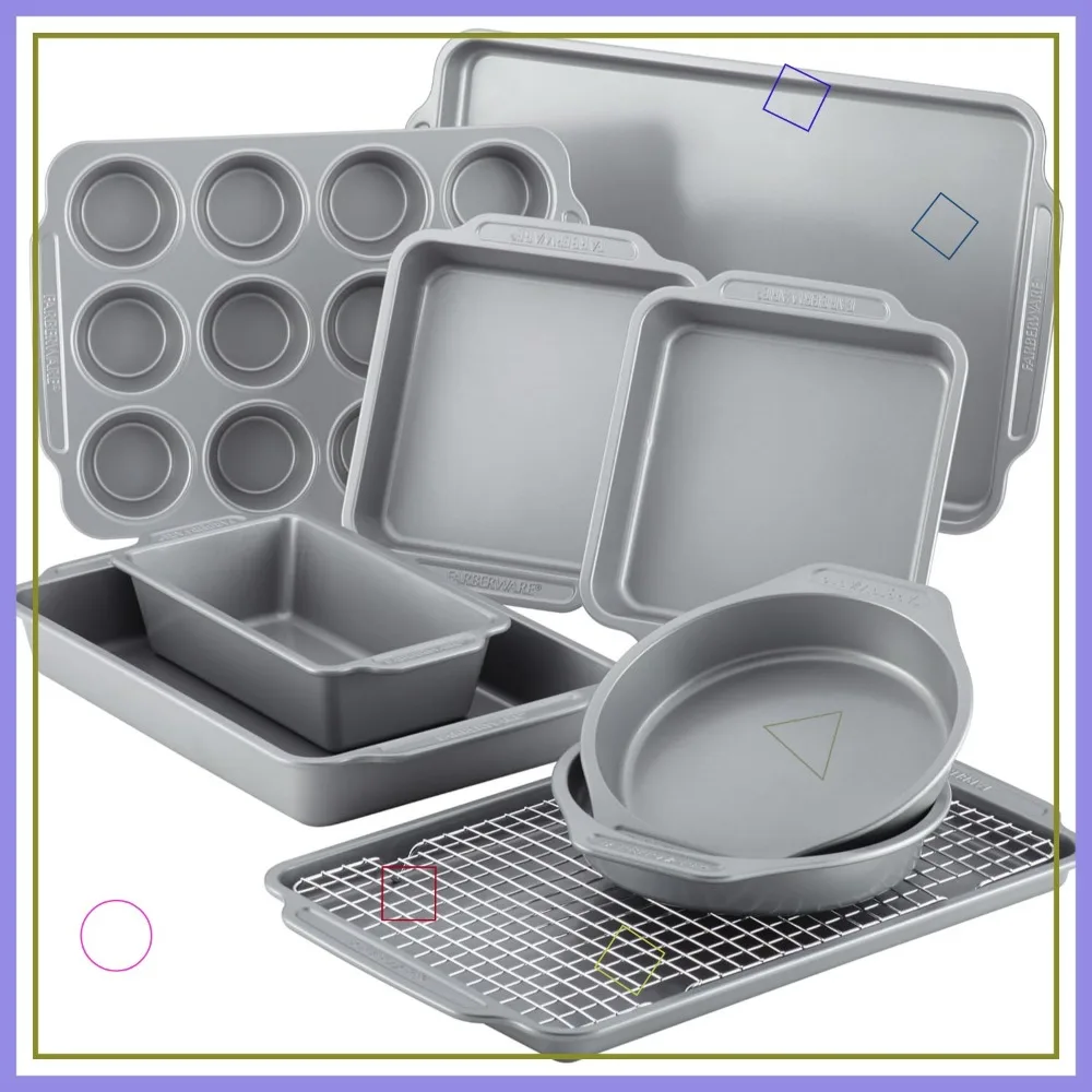 

10-Piece Nonstick Steel Bakeware Set with Cooling Rack, Baking Pans, Cookie Sheets, and Loaf Pan in Gray