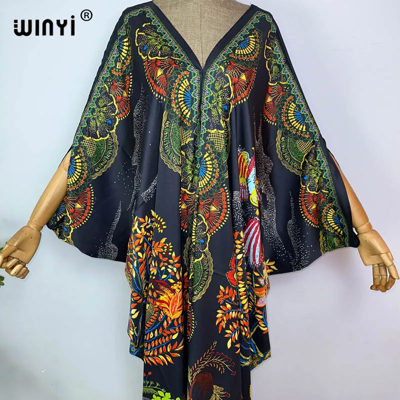 Winyi neuer Druck Sommer Seide Gefühl Kleid elegante muslimische Abaya Dame Strand vertuschen Freizeit kleid Beach wear Mode Kaftan