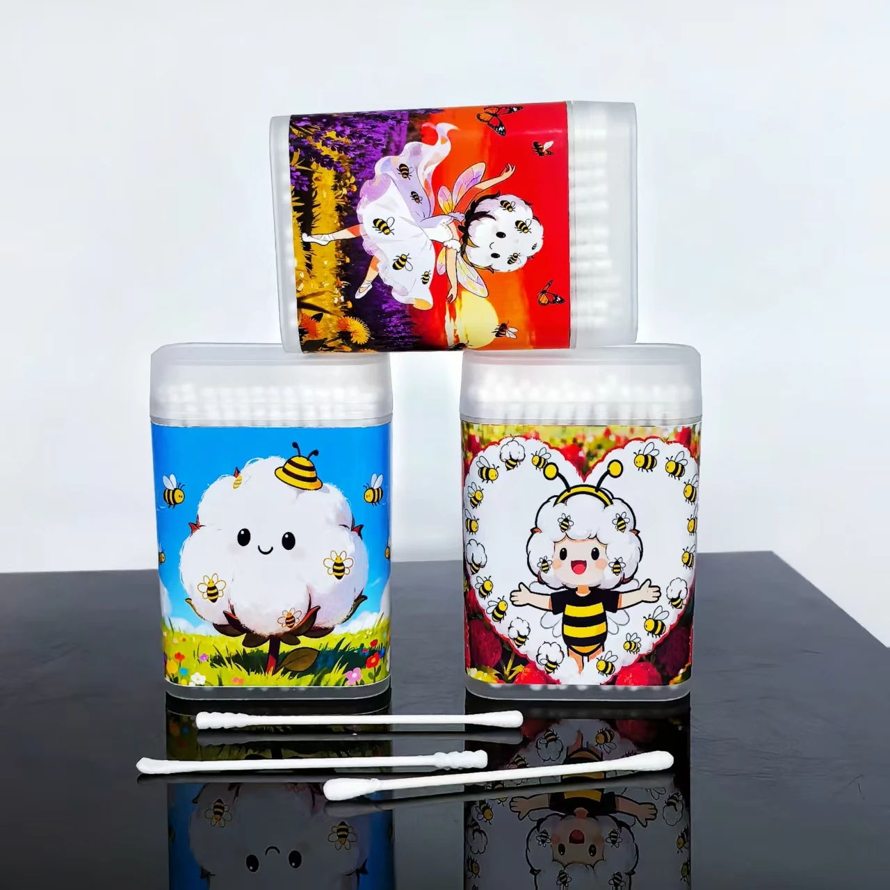 300 hisopos de algodón con temática de abeja, hisopos con punta de algodón blanco de doble cabeza, bastoncillos de algodón para el hogar diarios con palo de papel fino