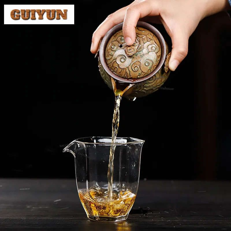 HOYIHM 225ml Retro Yixing Coarse Pottery Teapots Handmade Clouds Hand Grab Pot Raw Ore Wood-fired Porcelain Kettle Zisha Tea Set