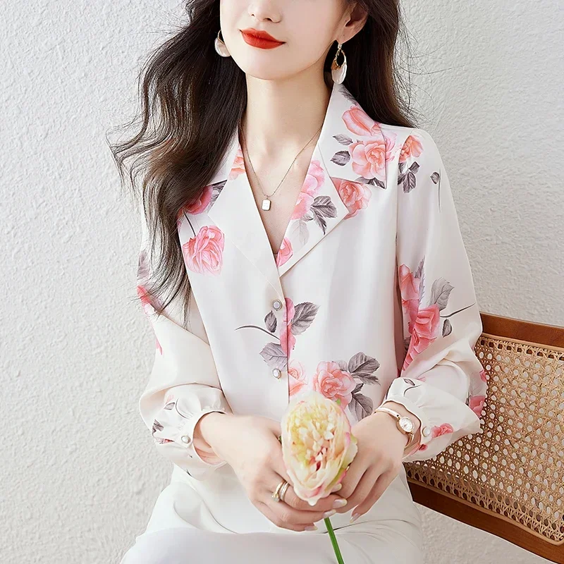 Chiffon Vintage Women's Shirt Spring/Summer Prints Clothing Sales Loose Long Sleeves Korean Tops V-necks Women Blouses