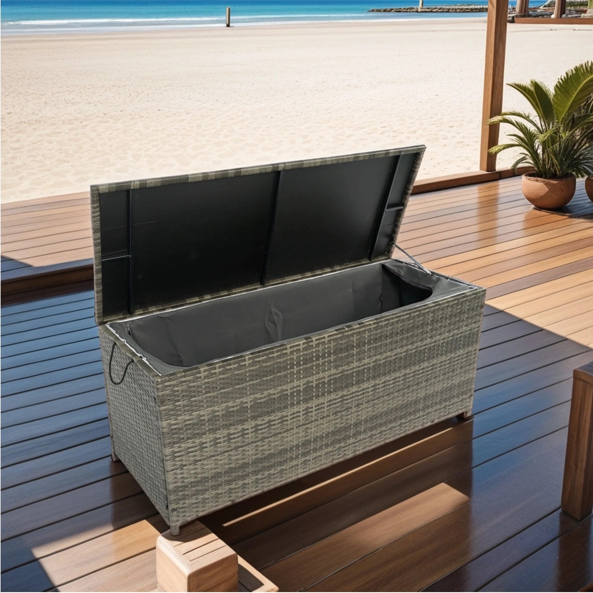 Outdoor Storage Box, 113 Gallon Wicker Patio Deck Boxes with Lid, Outdoor Cushion Storage for Kids Toys, Pillows, Towel Grey