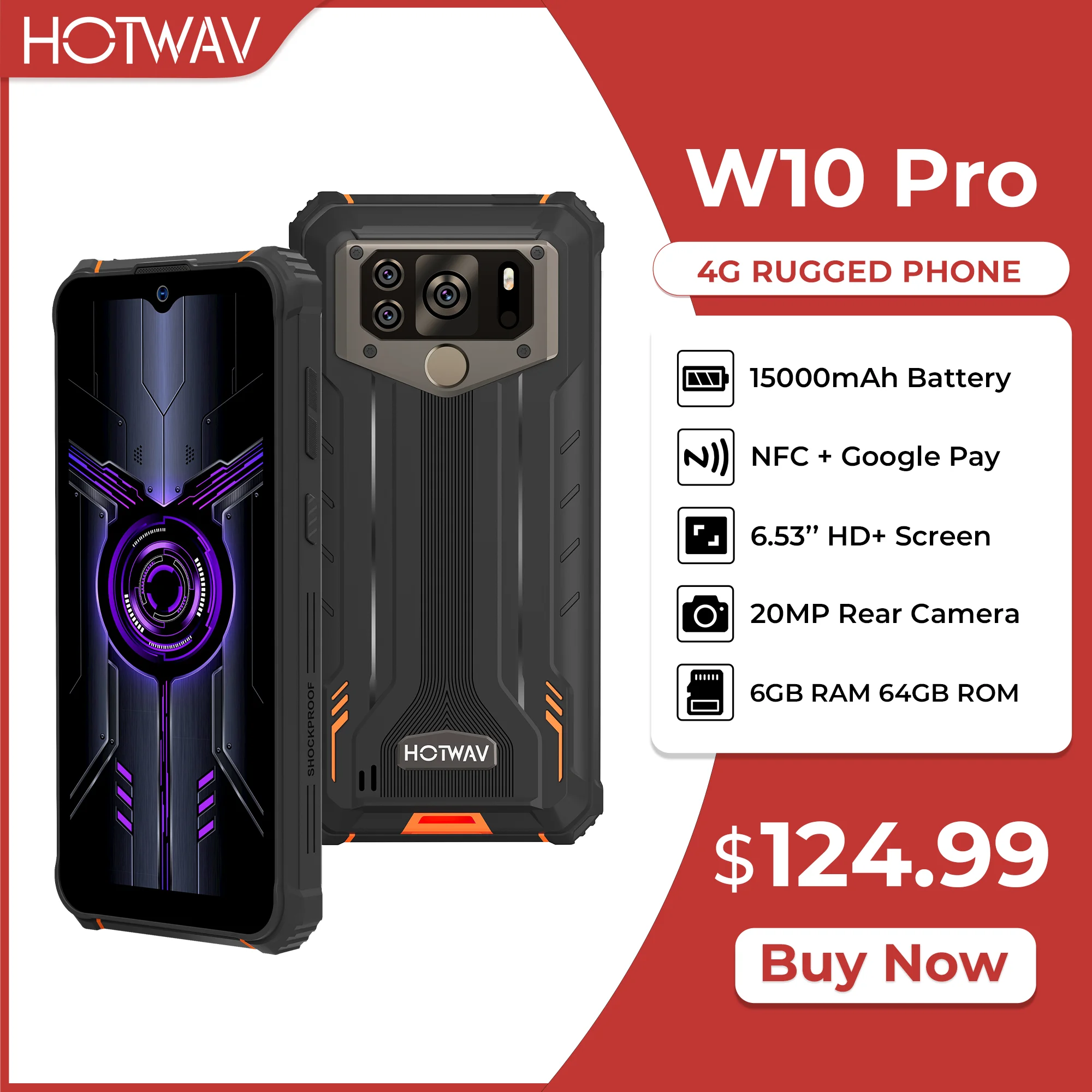 HOTWAV W10 Pro Octa-Core Smartphone 15000mAh Battery Massive Bateria 6GB+64GB Wytrzymały telefon komórkowy Android 12 6.53'' 20MP Aparat fotograficzny Telefon komórkowy