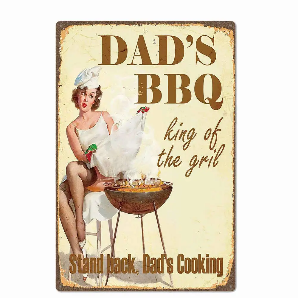 Retro Design Dad's BBQ Tin Metal Signs Wall Art | Thick Tinplate Print Poster Wall Decoration for Kitchen