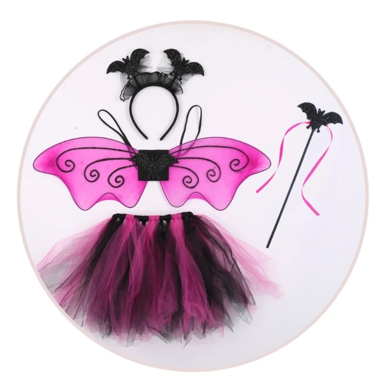 Kids Girls Dress up Cosplays Costume Accessories Wing Skirt Wand Bat Eye Mask Headband Halloween Bat Costume Set