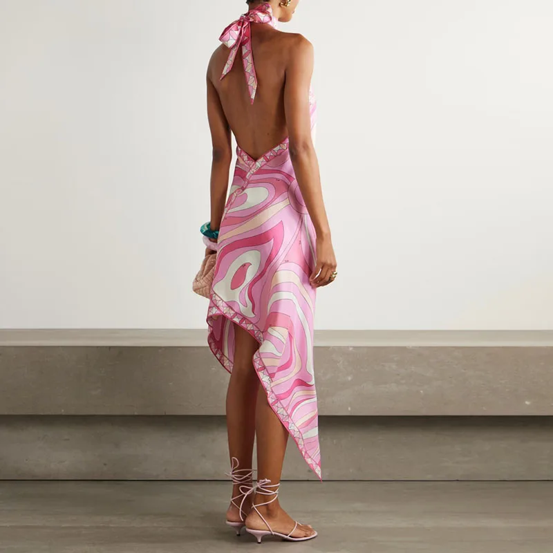 Vestidos Sexy Lace-up Halter Backless Satin Dress Woman Spring Print Slim Irregular Dress Summer Sleeveless Vacation Beach Dress