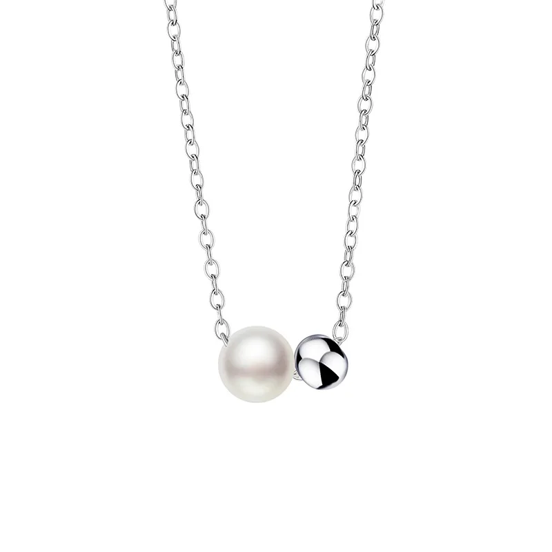 Classic 925 Sterling Silver Imitation Pearl Round Ball Pendant Necklace for Women Girls Collarbone Chain Geometry Jewelry Gifts