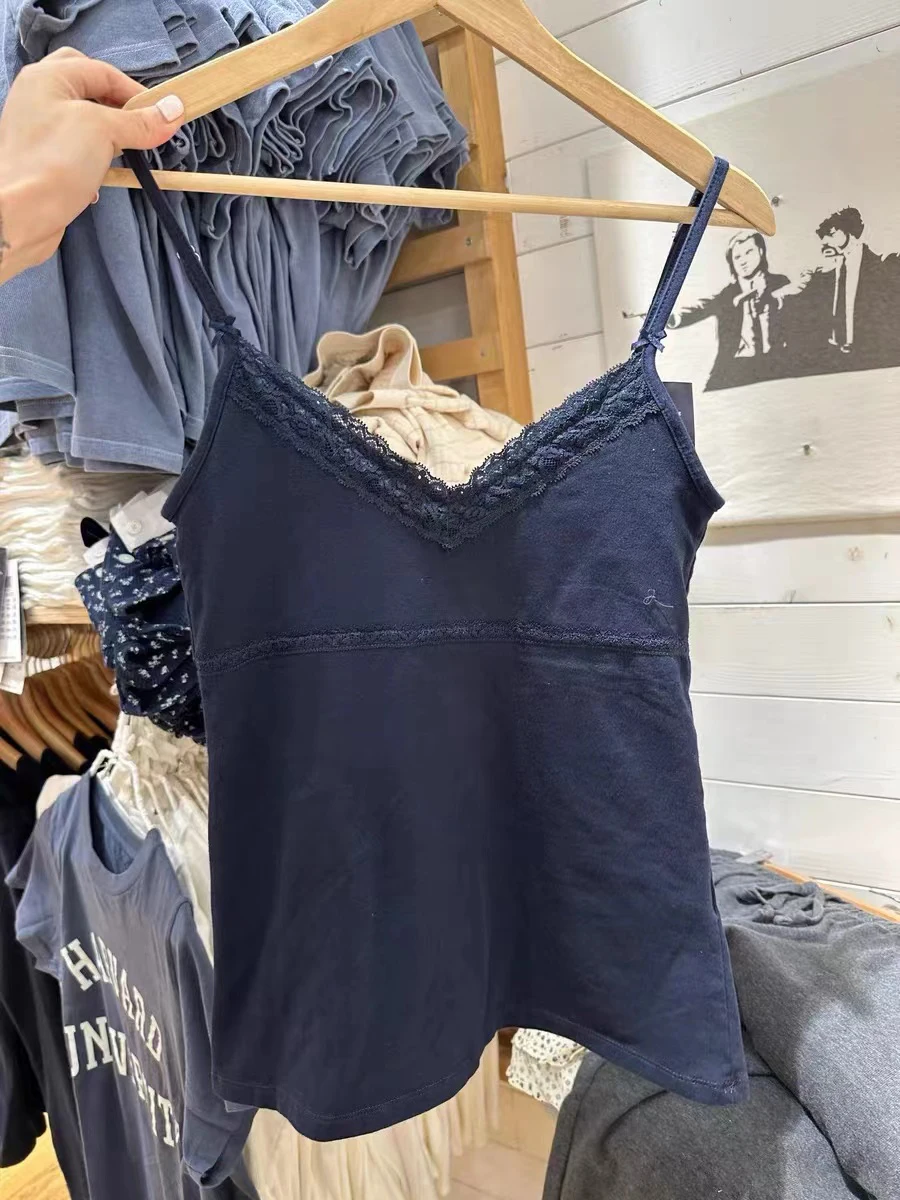 Navy Bow Lace Trim Slim Tank Top Women Sexy V Neck Cotton Sleeveless Cropped Vest Casual Vintage Sweet Summer Crop Top Y2k Camis