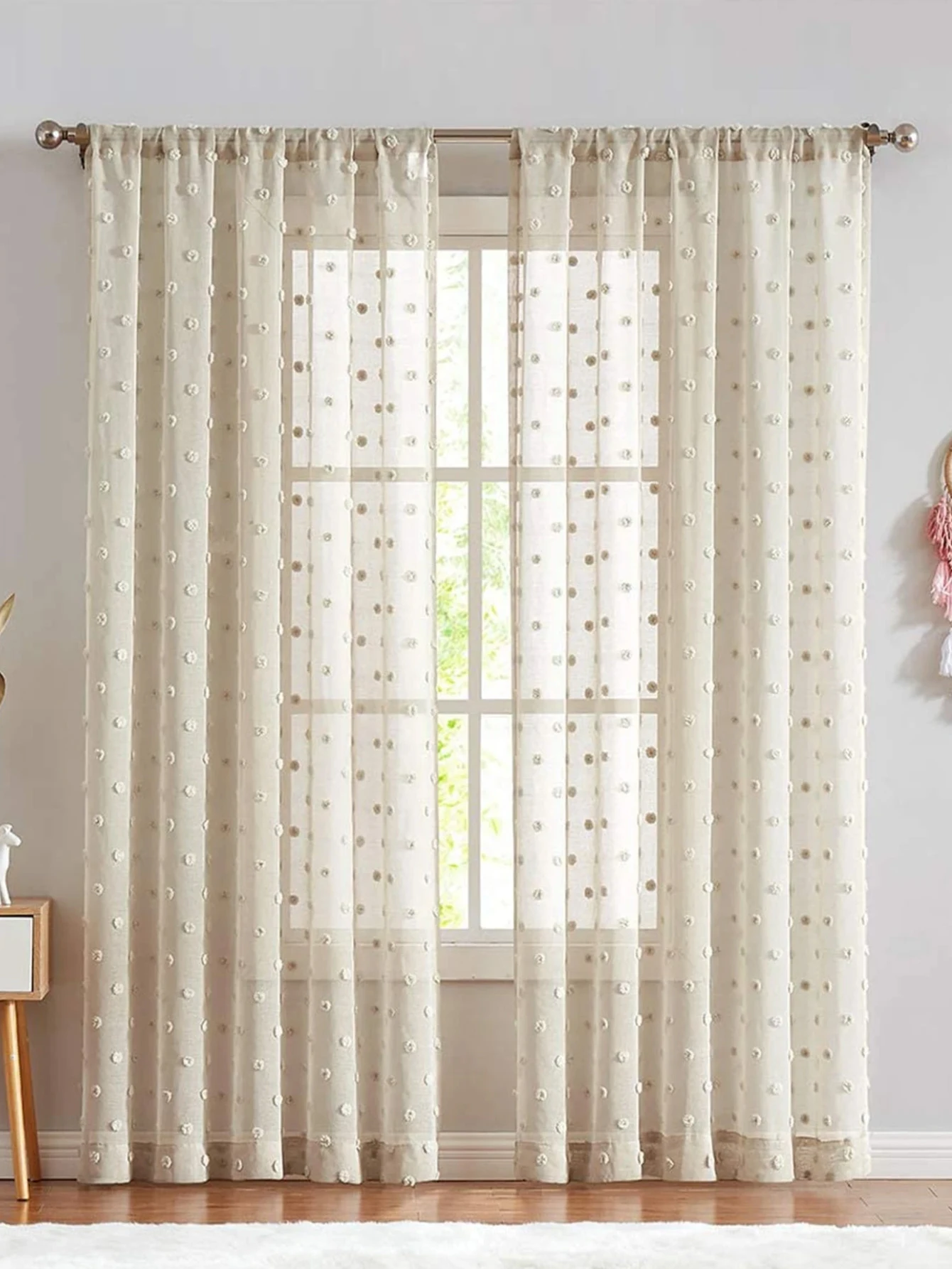 1Pc French-Style Light Luxury White Embroidered 3D Pom-Pom Sheer Curtain Versatile Japanese-Style Window Screen Suitable for Children's Room, Living Room, Bedroom, Kitchen Decoration Sheer Curtain Window Curtain