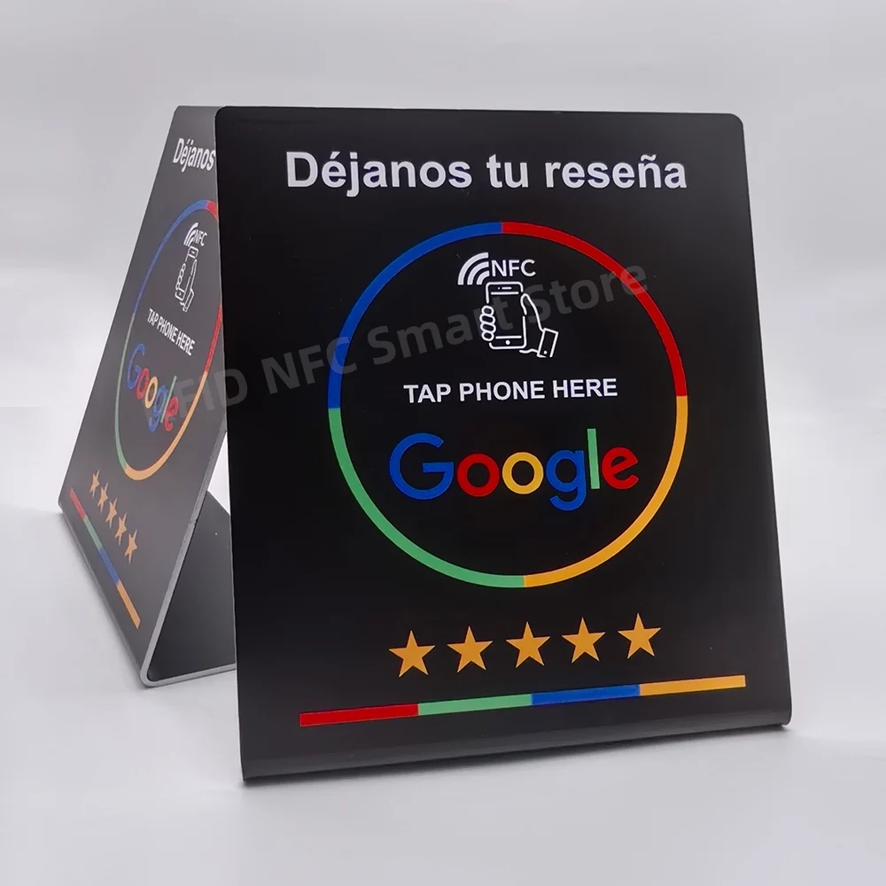 Déjanos tu reseña NFC Google Review NFC Stand Display Table Display URL Writing Social Media Business Review Card