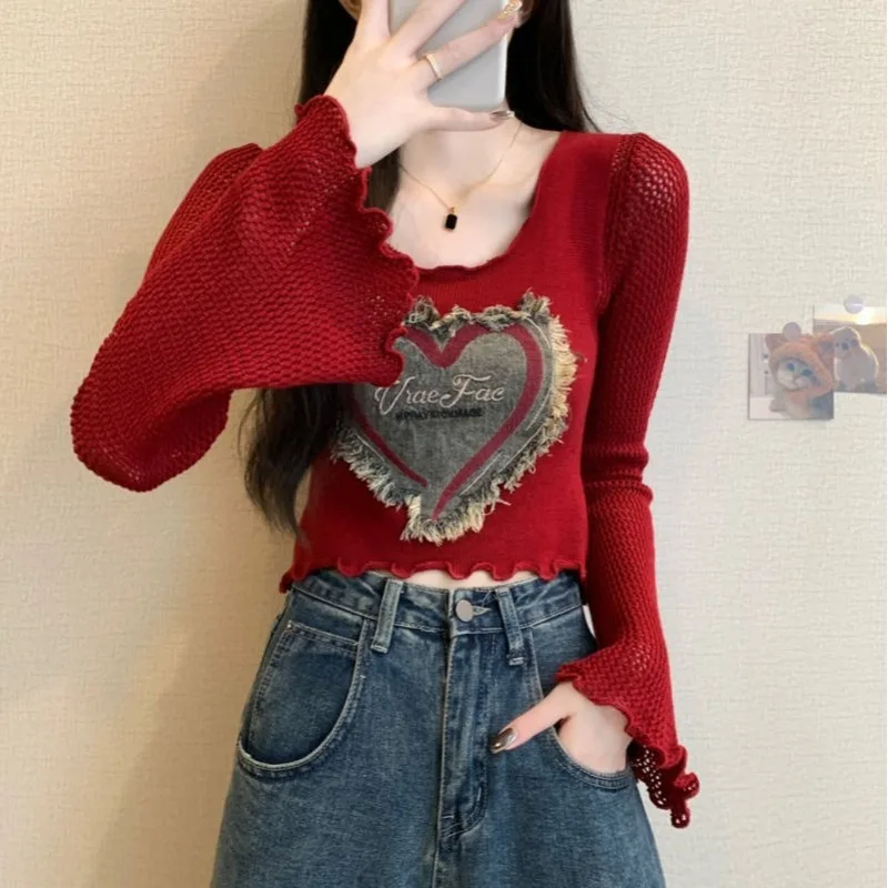 Hollow-out Spice Girls Love Denim Patch Ear Long-sleeved Sweater New Spring/summer 2025 Stitching Top