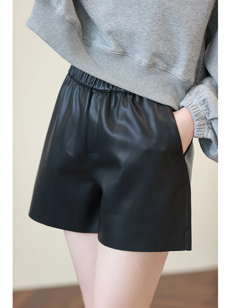 

Retro High Waist Straight Leg Bla PU Leather orts Women's Casual Pants Elastic Waist Comfortable Fit Autumn New Sle