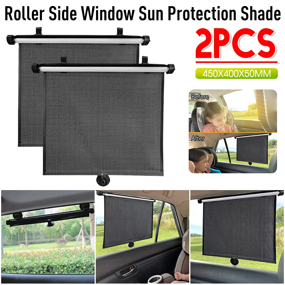 

2PCS Car Retractable Sunshade Curtain Side Window Curtains 15 Inch Heat-Insulating Roller Sunshade With Suction Cup Car Sunshade