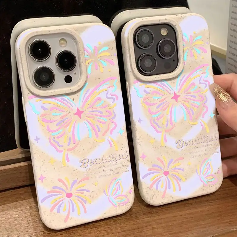 Funda de teléfono para iPhone 16, 15, 14, 13, 12, 11, 8, 7 X XS XR Pro Max Plus INS, funda protectora suave anticaída con estampado de mariposas y dopamina
