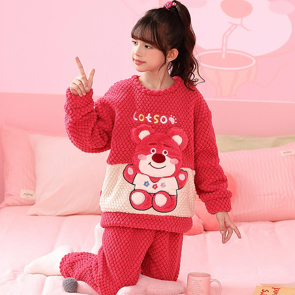 Anime Sanrios Spring Autumn Kuromi Cinnamoroll Children Flannel Pajamas Cartoon Korean Style Warm Pajama Children\'s Home Wear