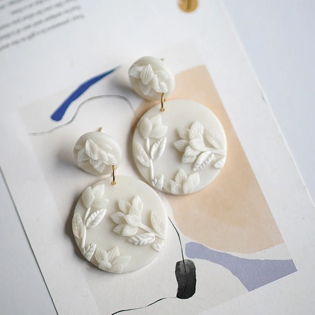 Unique 3D Sculpted Flower Polymer Clay Earrings Monochrome Geometric Round Floral Dangle Artsy Handmade Beautiful Gift for Women