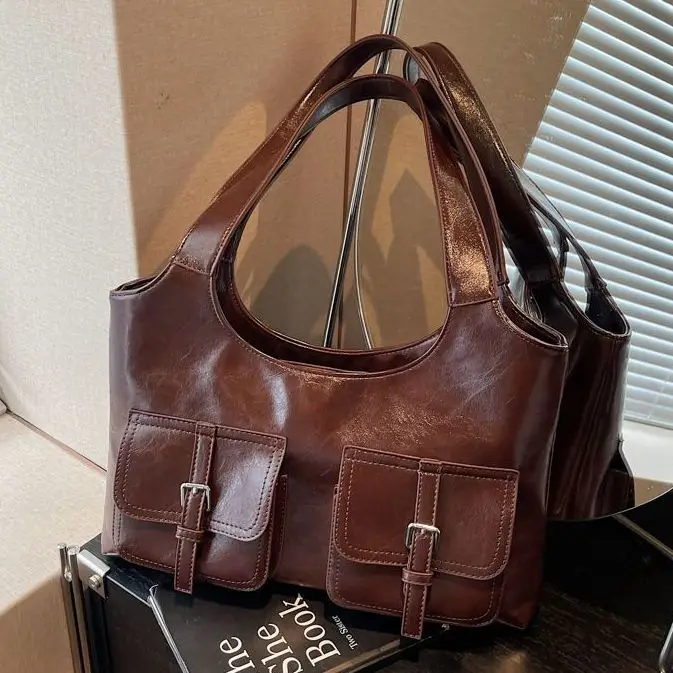 

JIAERDI Retro Leather Multi Pocket Tote Bag Women Leather Large Capacity Shoulder Bag Ladies Fashion High End Underarm Bags 2025