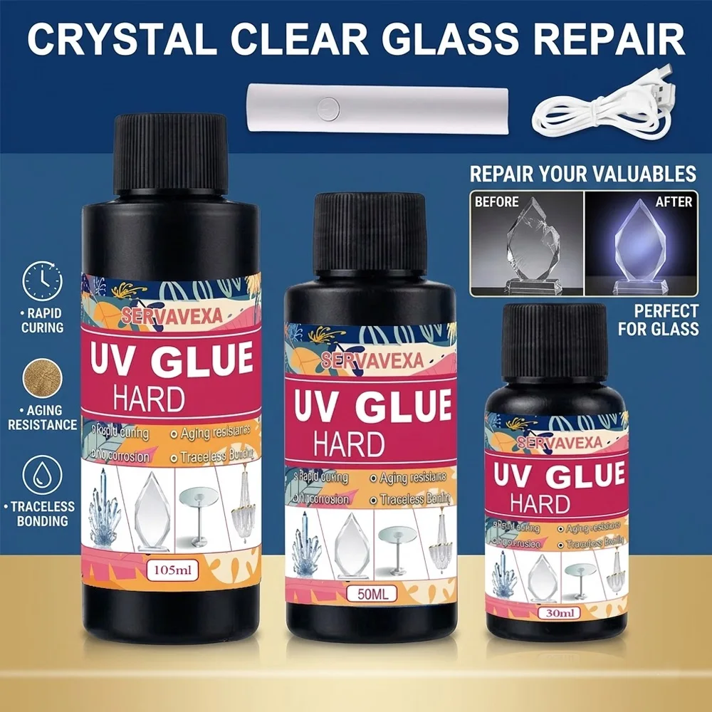 Rapid Curing UV Glue Hard SERVAVEXA Traceless Clear Resin Adhesive with UV Light Kit for Crystal Glass DIY Jewelry Making Crafts