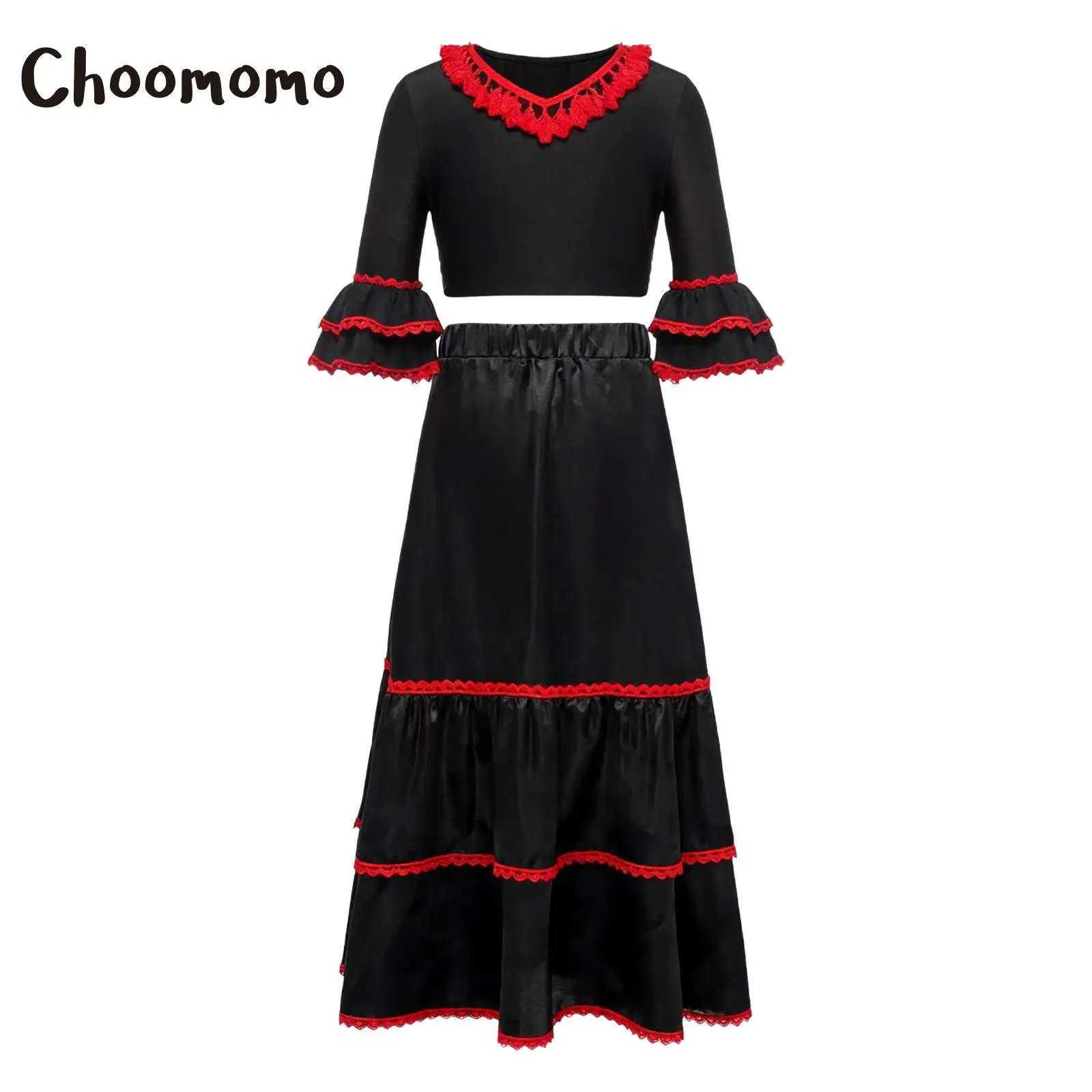 Traje Tradicional de Flamenco Español, Top Corto con Volantes y Media Manga, Falda de Satén con Capas, Traje de Danza del Vientre para Salón de Baile