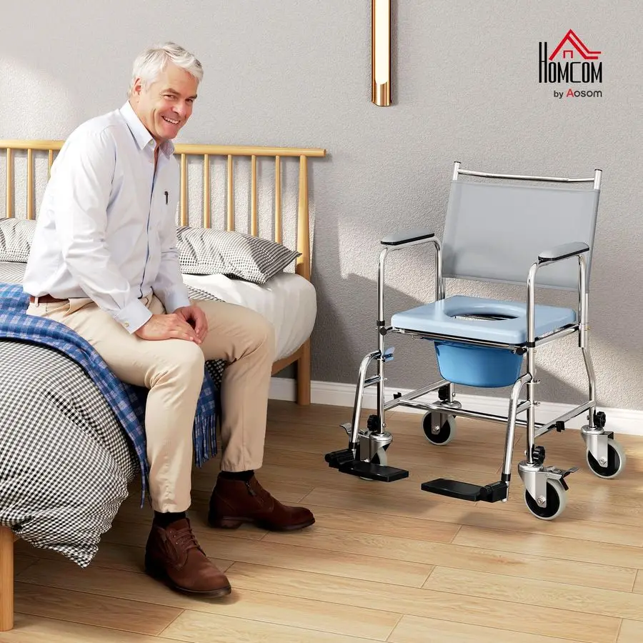 3 in 1 Shower Commode Wheelchair with 4 Lockable Wheels, Bedside Commode Chair with Arms, Footrests, Detachable Bucket, for Seni