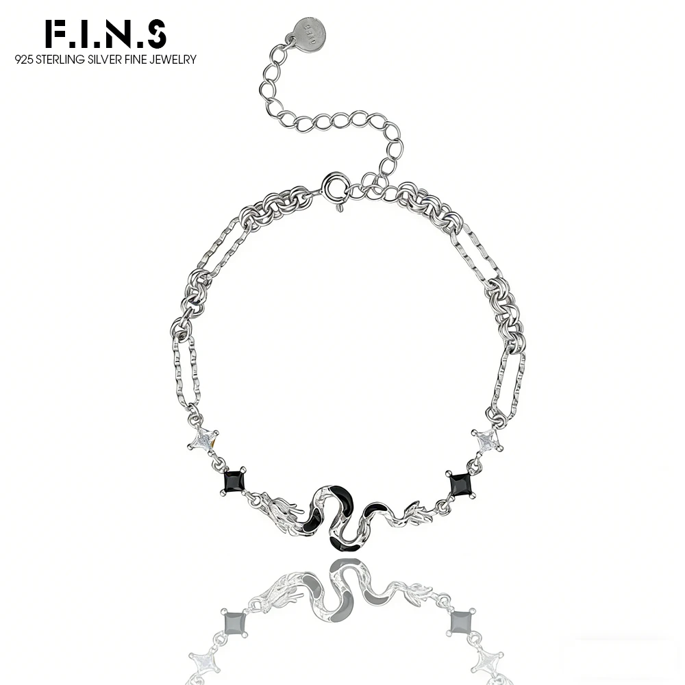 

F.I.N.S Minimalist Dragon Shaped S925 Sterling Silver Bracelet For Women Chic Versatile Black Drip Oil Zircon Hand Fine Jewelry