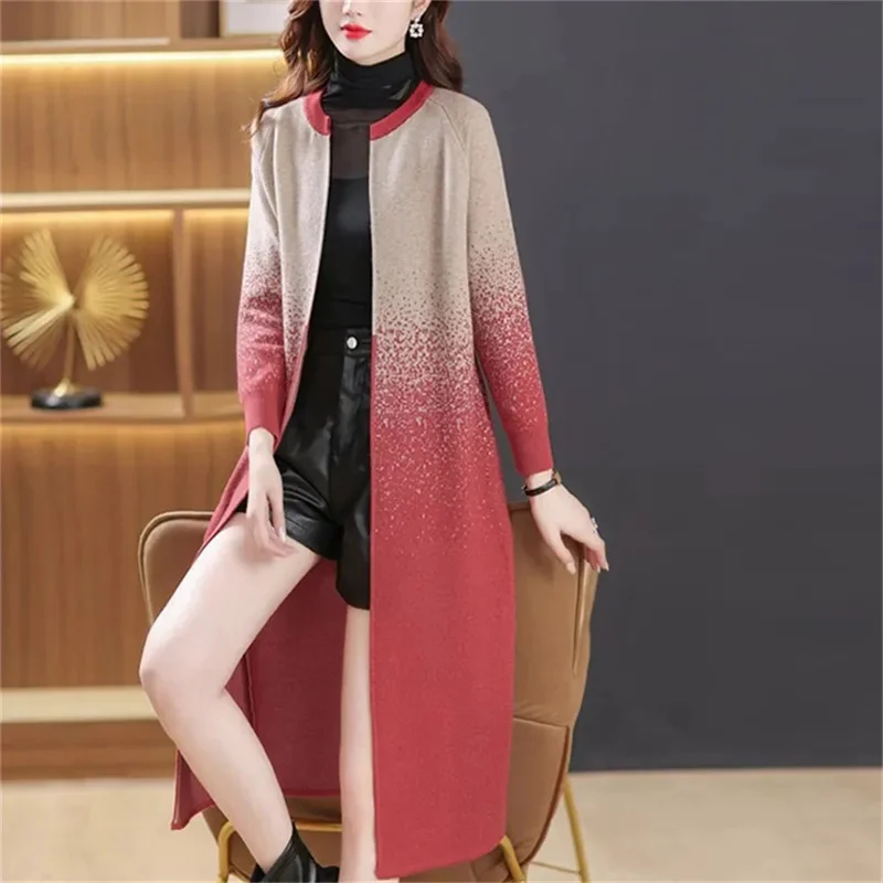 Long Woolen Sweater 2023 Autumn Knit Cardigan Women\'s Over Knee Sweater Jacket Women\'s VersatileOuterwear Shawl Color Matching