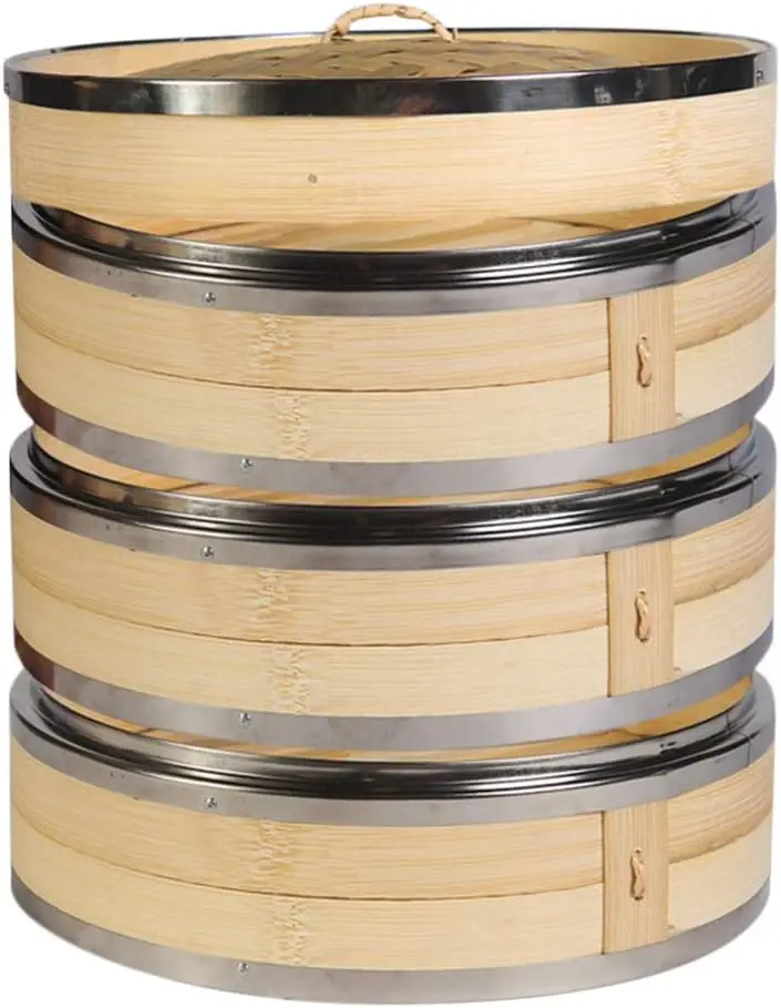 

3-Tier Bamboo Steamer with Stainless Steel Banding for Asian Cooking, Dumplings, Vegetables