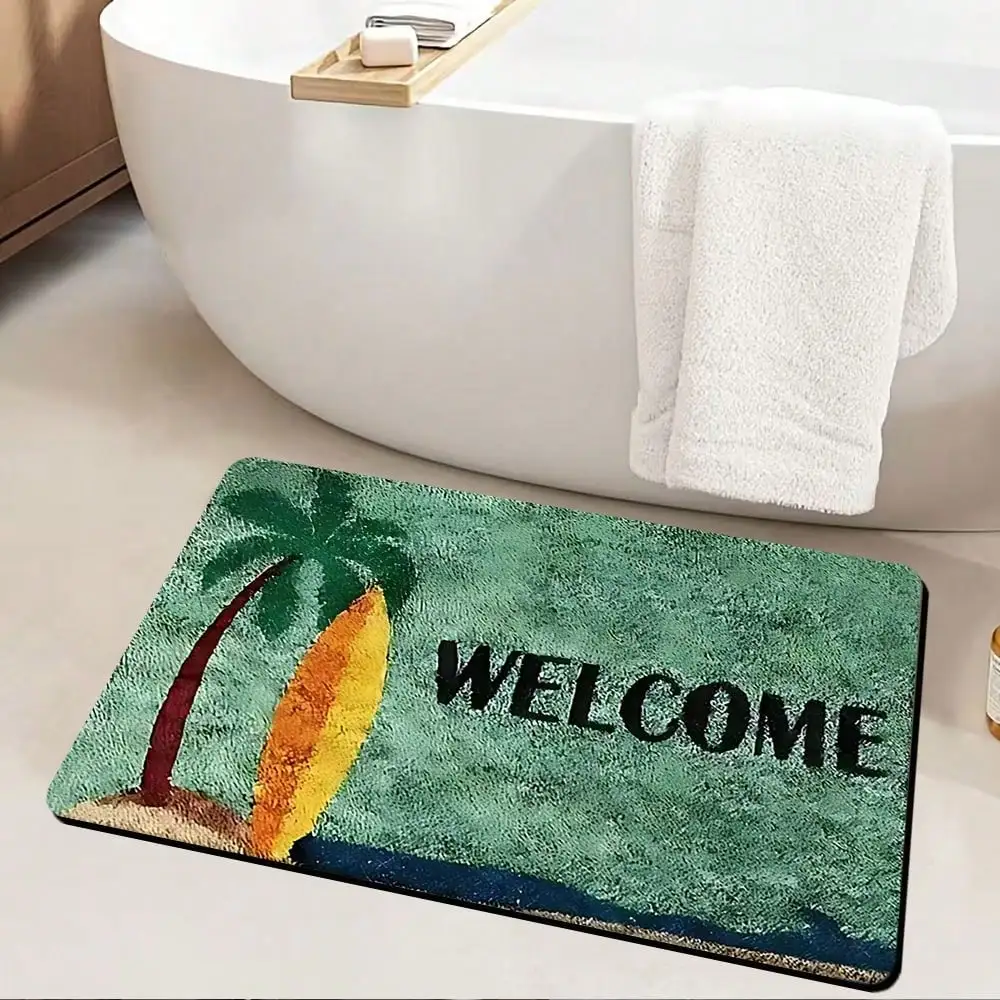 1 Tropical Island Welcome Doormat - Anti Slip, Absorbent, Washed, Soft Polyester Fiber, Green And Yellow Tree Design, Kitchen, Bathroom, Bedroom, Holiday Home
