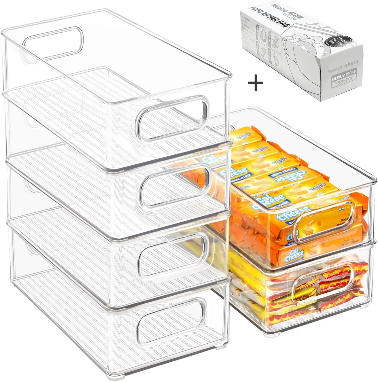 

Stackable Refrigerator Organizer Bins, 6 Pack Clear Kitchen Organizer Container Bins with Handles and 20 PCS Plastic Ba