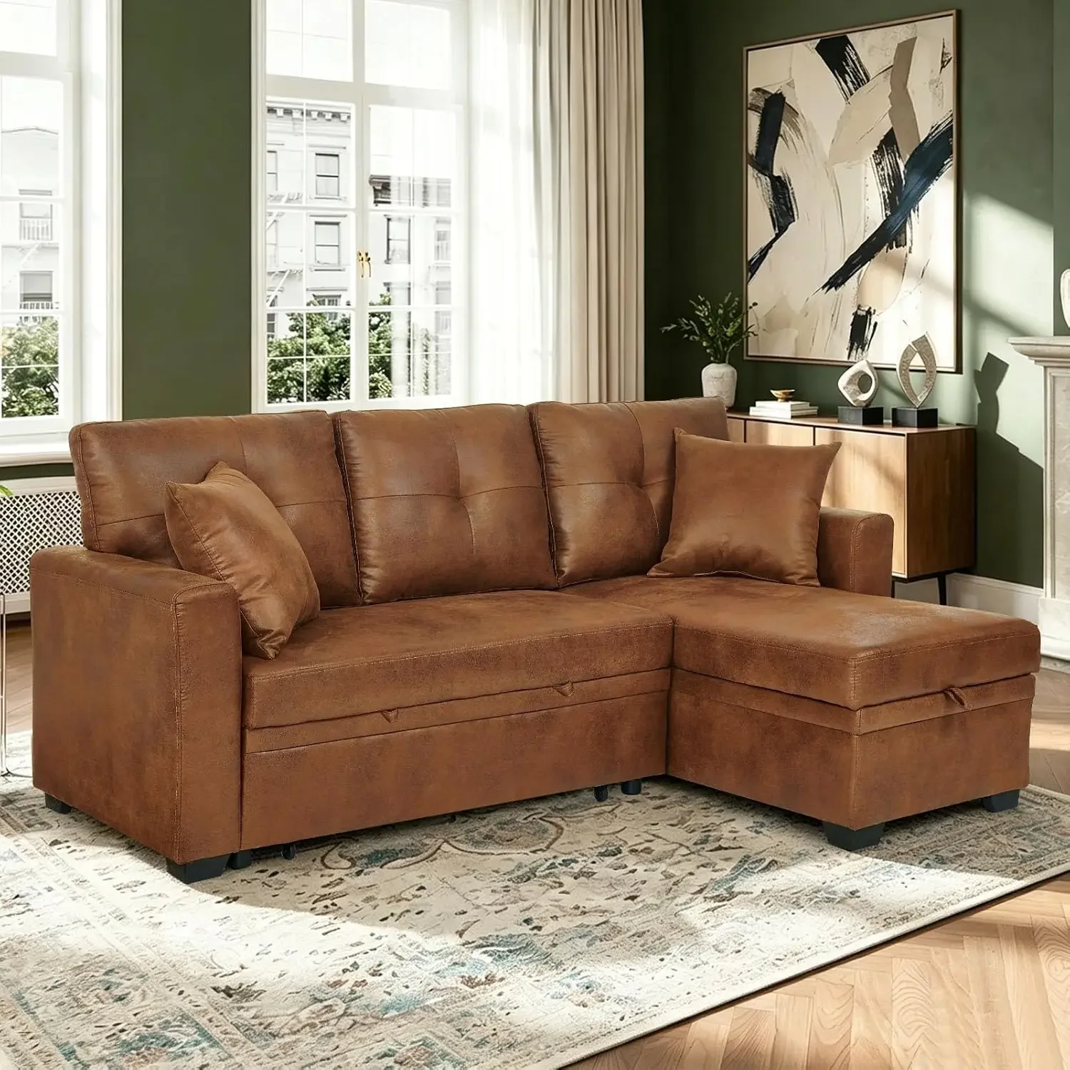Convertible L-Shaped Sofa Bed with Storage Chaise, Comfy Tufted Faux Leather Sectional Couch with Pull-Out Bed, Modern Corner