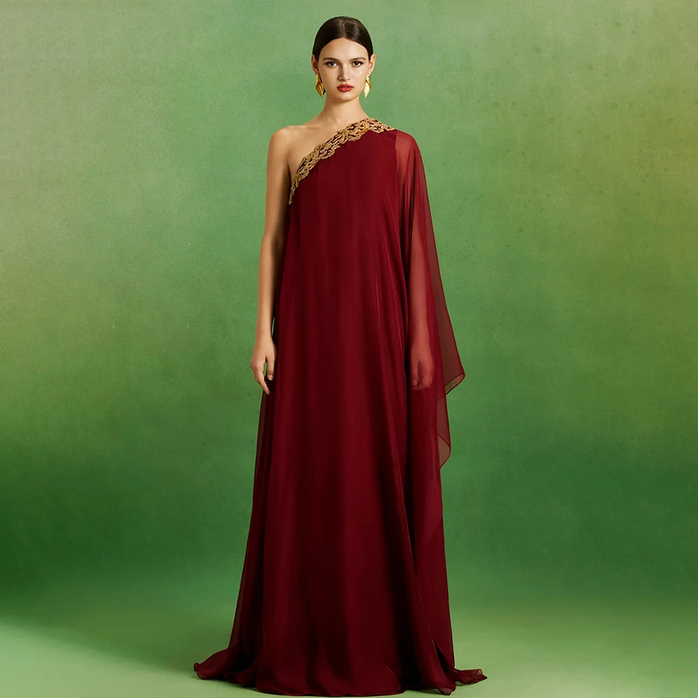 

Simple Style Burgundy Chiffon A-line Floor Length Women's Long Sleeve One Shoulder Prom Gowns Formal Party Dress Customzied