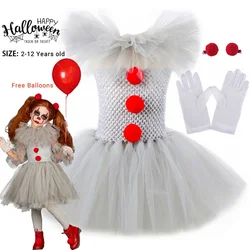 Halloween Gray Joker Girls Costume Tutu Dress Creepy Clown Kids Carnival Party Cosplay Clothing Children Tulle Fancy Dress 2-12Y